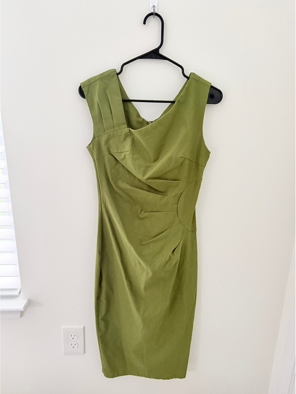 Luxury Minimalist Olive Green Ruched Sheath Dress | Size L | Sleeveless Cocktail